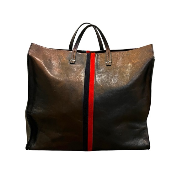 Clare V. Simple Tote Metallic Leather Contrast Racing Stripe Trim Shoulder Tote - Picture 2 of 11